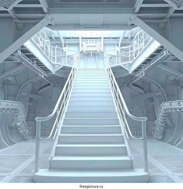 White Stairway Inside a Futuristic Industrial Space