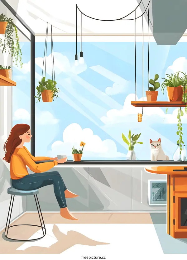 Woman Sitting on a Stool in Kitchen with a Cat