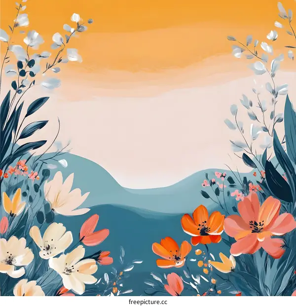 Watercolor Floral Illustration with Sunset Background