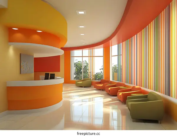 Modern Office Reception Area With Colorful Walls And Chairs