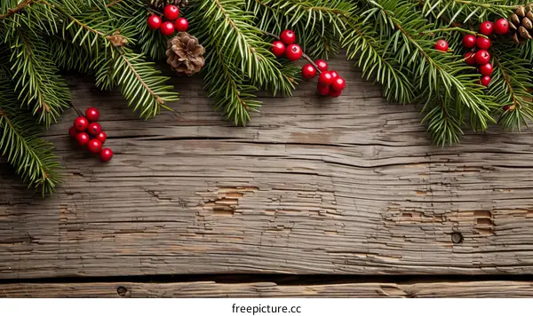 Christmas background with fir branches and red berries
