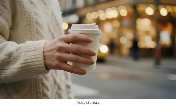 Person holding takeaway coffee cup in urban street