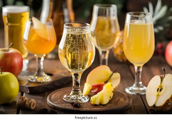 Apple Cider and Fresh Apples on Wooden Table