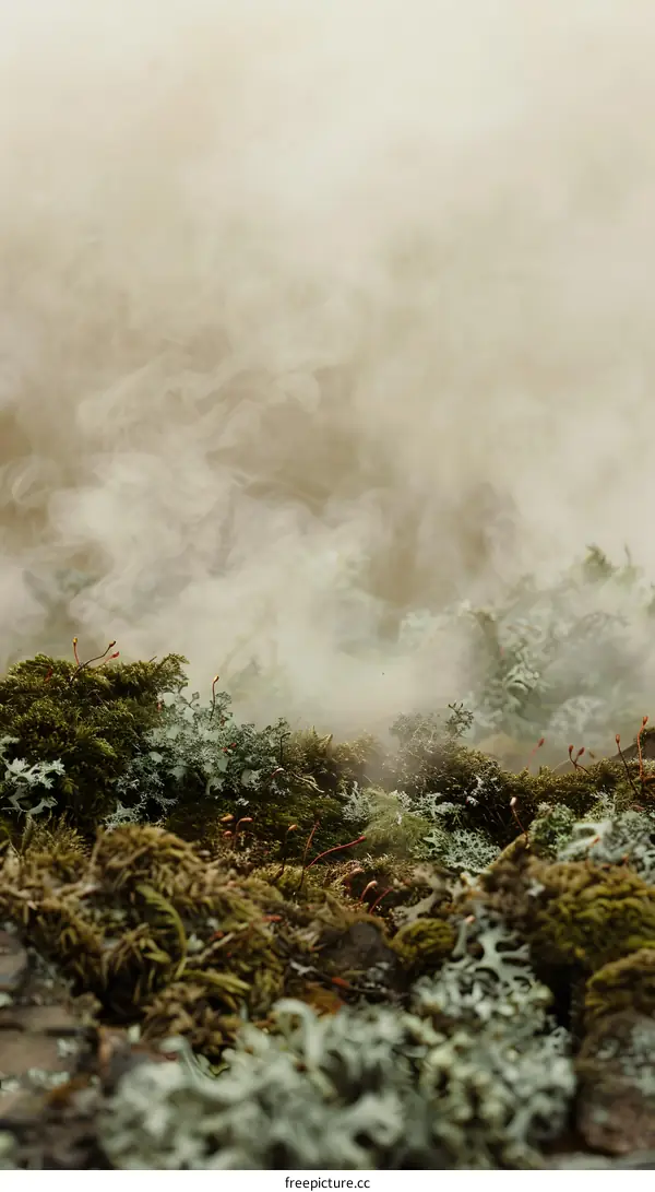 Misty Forest Landscape with Moss and Fog