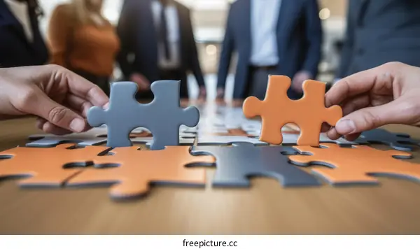 Business people putting puzzle pieces together