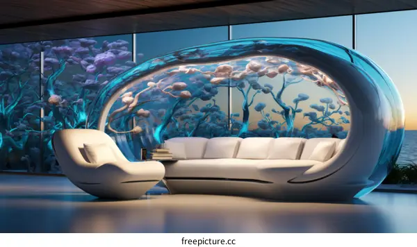 Futuristic living room interior with large curved glass window and underwater forest view