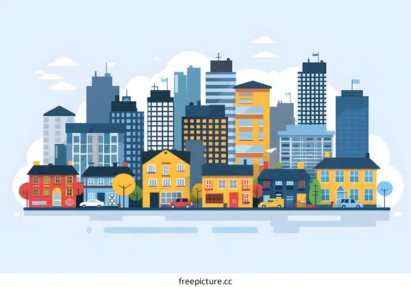 Flat Cityscape Illustration With Buildings And Houses