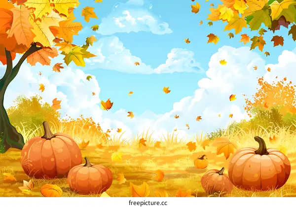 Autumn Landscape with Pumpkins and Falling Leaves