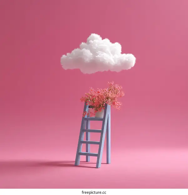 Miniature Lavender Ladder with Pink Flowers and Cloud