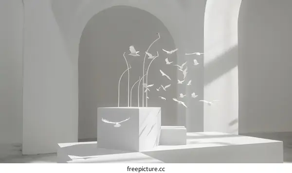 Minimalist White Room With Paper Birds Sculpture