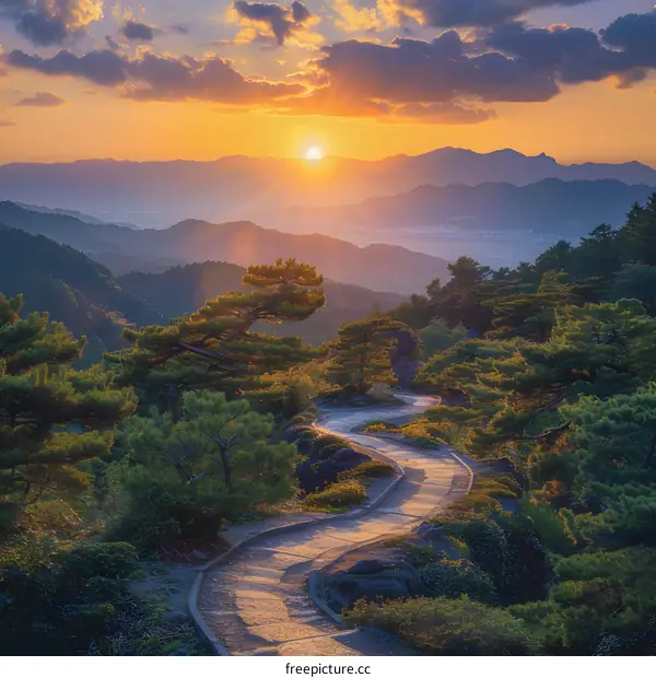 A winding road through a forest of pine trees on a mountainside at sunset