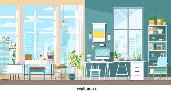 Modern Minimalist Home Office Design With City View