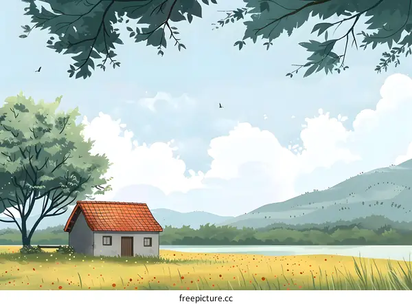 Small cottage in a lush green field near a river and mountains