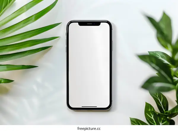 Blank Smartphone Screen with Green Leaves