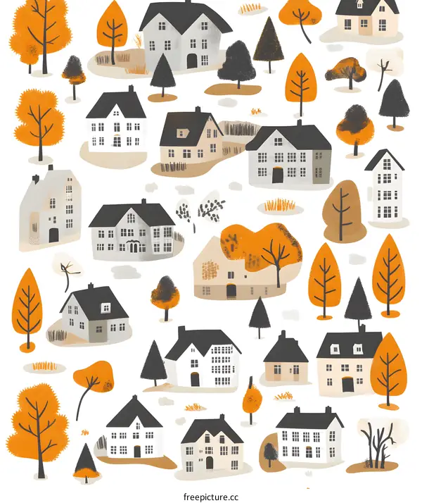 Colorful Illustration of Houses and Trees