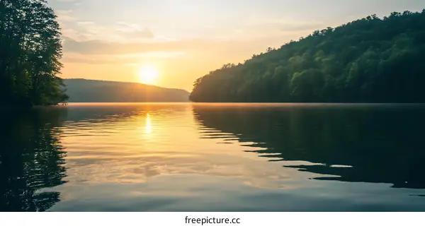 Golden Sunset Over Still Lake with Forest in Background