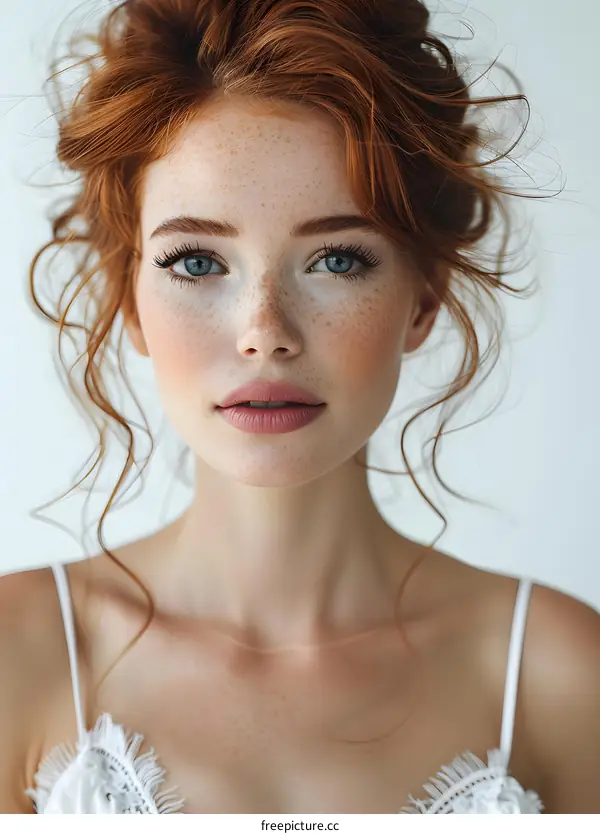 portrait of a beautiful woman with red hair and freckles