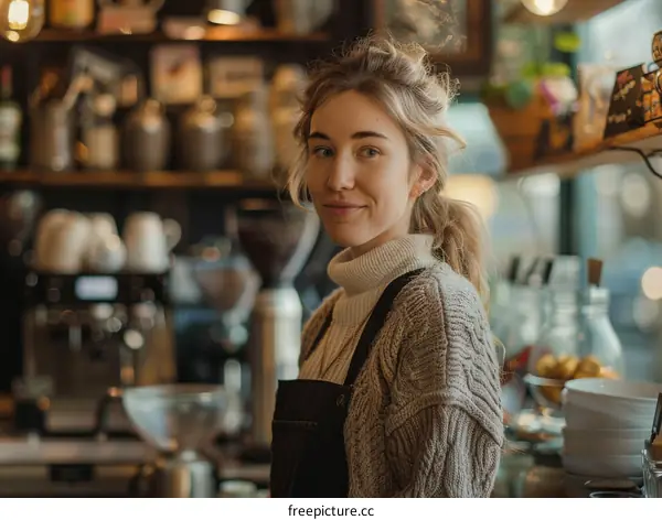 portrait of a young woman standing in a coffee shop