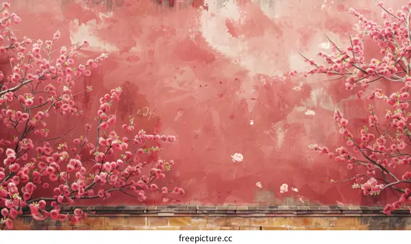 Pink peach blossom and grungy pink wall