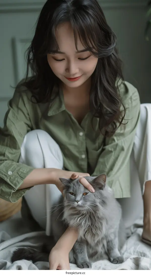 A young woman is petting a gray cat on the floor