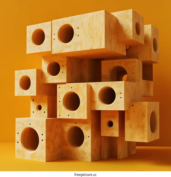 Abstract Wooden Cubes with Holes and Yellow Background