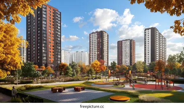 Modern Residential Buildings with Playground in Autumn