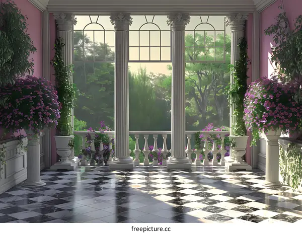 Balcony with Classic Columns and Checkerboard Floor