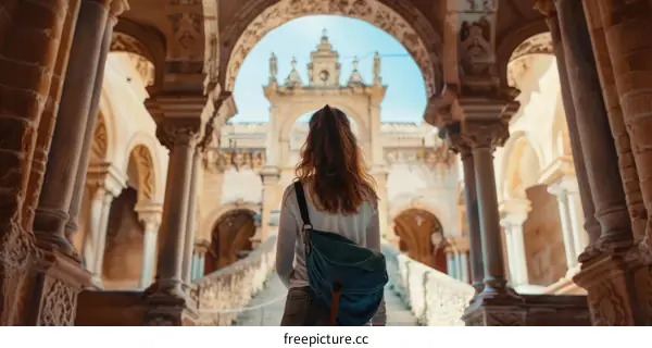 Young woman in a white shirt and blue jeans admiring the architecture of the Plaza de Espana in Seville, Spain