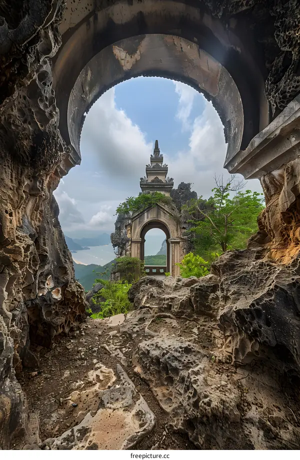 Stone Archway View of a Pagoda on a Cliff
