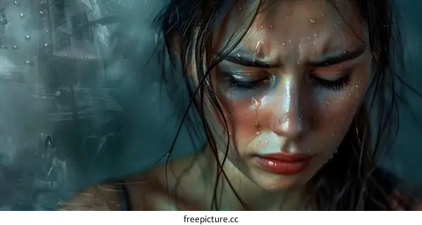 Woman With Wet Hair and Face Looking Down