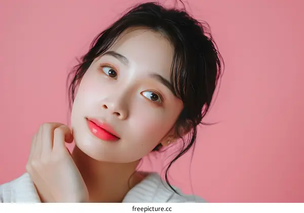 Young Woman With Pink Makeup  Looking Away On Pink Background