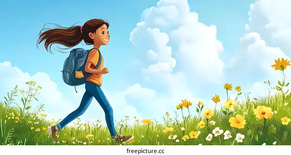 Happy Girl Walking in a Field of Flowers on a Sunny Day