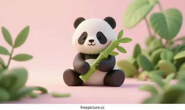 Cute 3D Panda Bear Holding Green Bamboo in Soft Pink Setting
