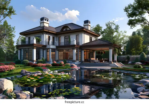 Modern White Mansion with Backyard Pond