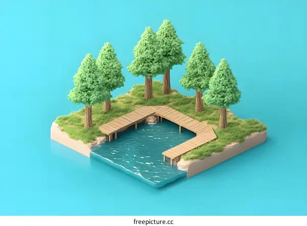 Isometric 3D Illustration of a Small Island with Trees and a Wooden Pier