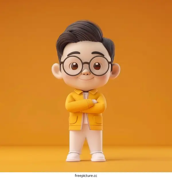 3D Illustration of a Boy Wearing Glasses and Yellow Jacket