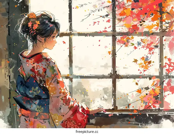 A woman in a kimono is looking out the window