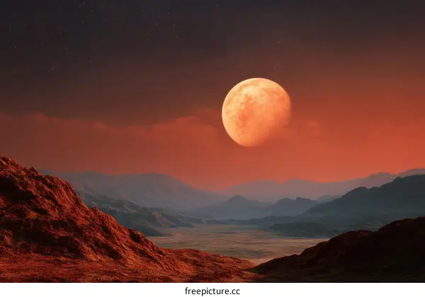 Alien Planet Landscape with a Large Orange Moon