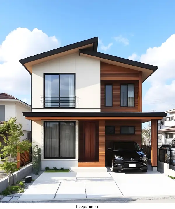 Modern Two Story House with Wooden Siding and Black Car