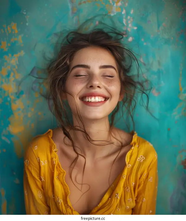 Beautiful Woman with Freckles Smiling with Eyes Closed