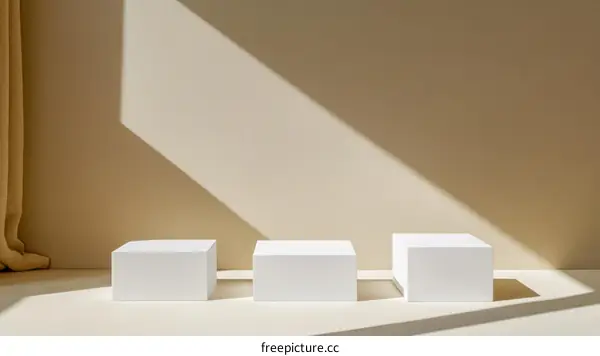 Minimalist White Display Platforms in a Beige Interior