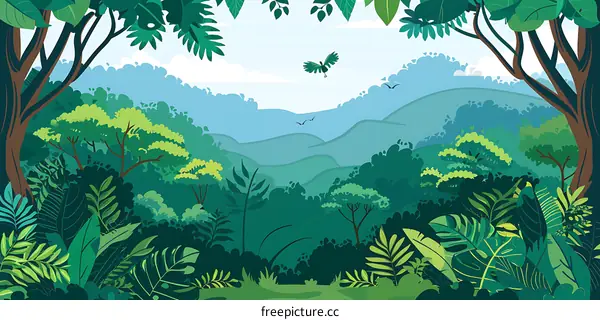 Green Lush Tropical Rainforest Landscape Illustration