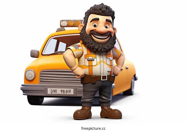 A cartoon character of a man standing in front of a yellow car