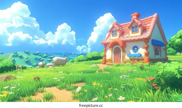 A small cottage nestled in a picturesque field