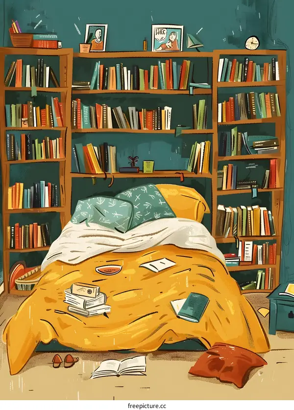 Bookshelf with Bed and Books
