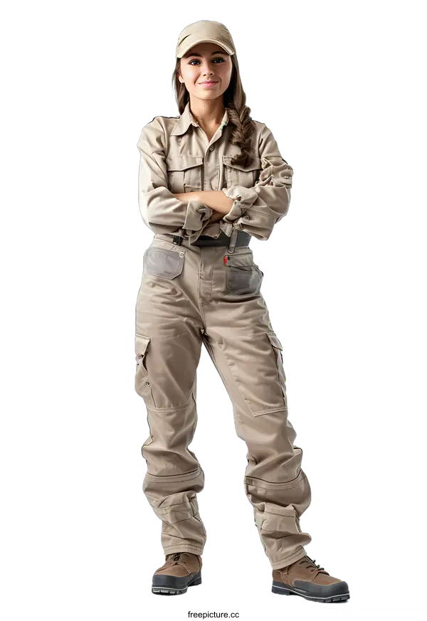 [Transparent Background PNG]portrait of a female construction worker wearing a hard hat and khaki work clothes