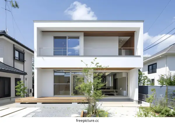 Modern White Two Story Home with Balcony and Wooden Deck