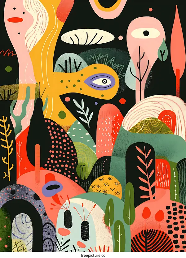 Abstract Colorful Illustration of a Fantasy Forest with Geometric Shapes