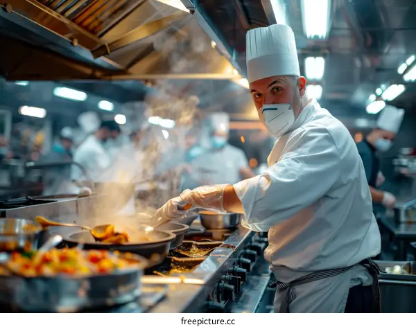 Chef wearing a mask cooking in a commercial kitchen