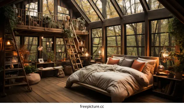 Cozy Treehouse Bedroom with Forest Views